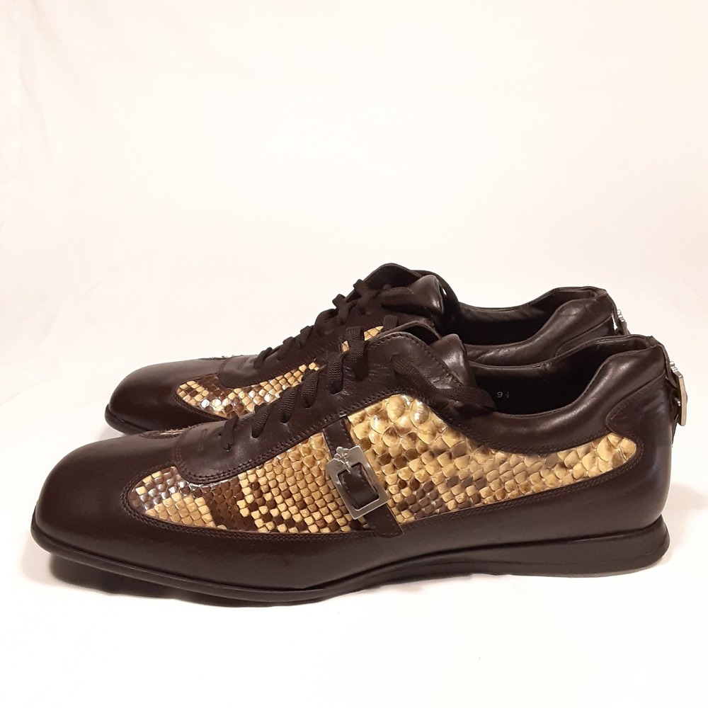 Patrick Cox Mens Leather Dress Sneakers 9.5 Brown Python Snake Skin Side Buckles